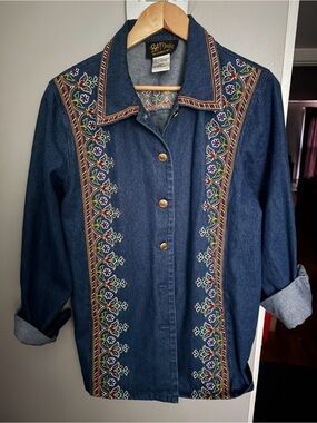 Bob Mackie Dark Blue Denim Jacket with Multicolor Floral Embroidery